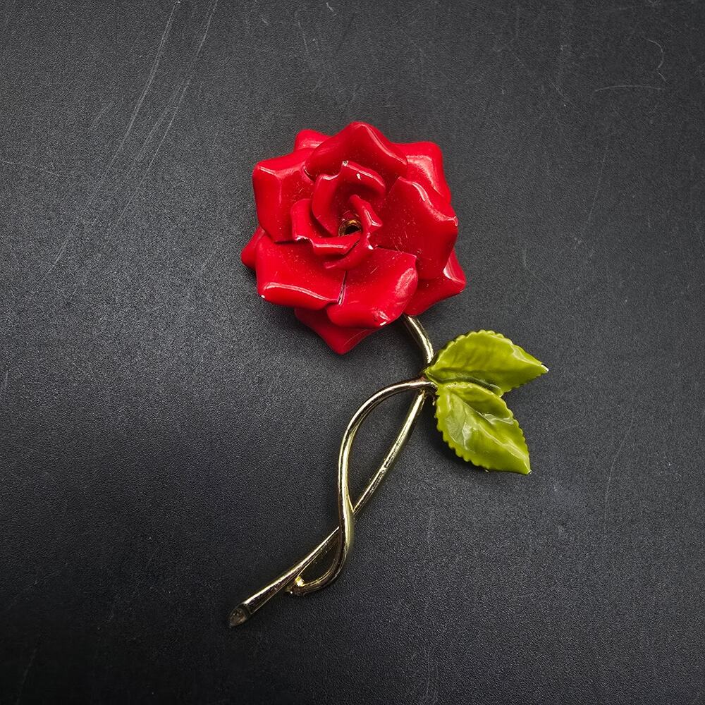 Red Rose Brooch Gold Tone Enamel Leaves Vintage Costume Jewelry - Picture 4 of 5